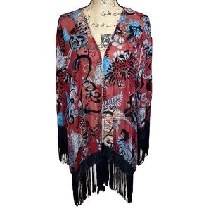 Fora Floral Print Burgundy Open Front Cardigan Shawl With  Fringe